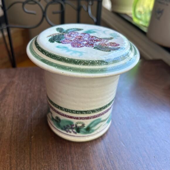 Unique Ceramic Jar W/ Butter Bell Lid Painted Green Stripes & Red Grapes signed - Picture 2 of 10